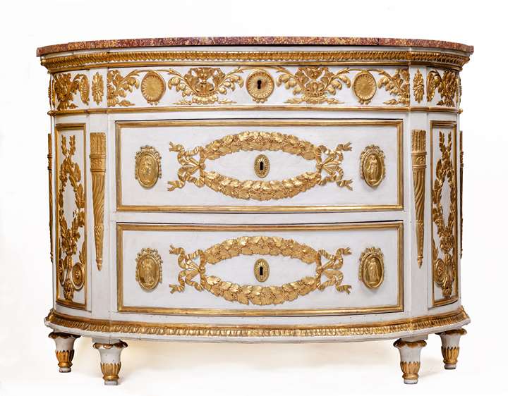 An important North-Italian Royal Restoration white-lacquered and parcel-gilt bow-fronted chest of drawers